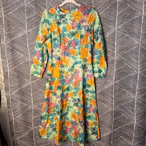 Vintage 60s 70s  Bohemian Floral Textured‎ Midi Dress